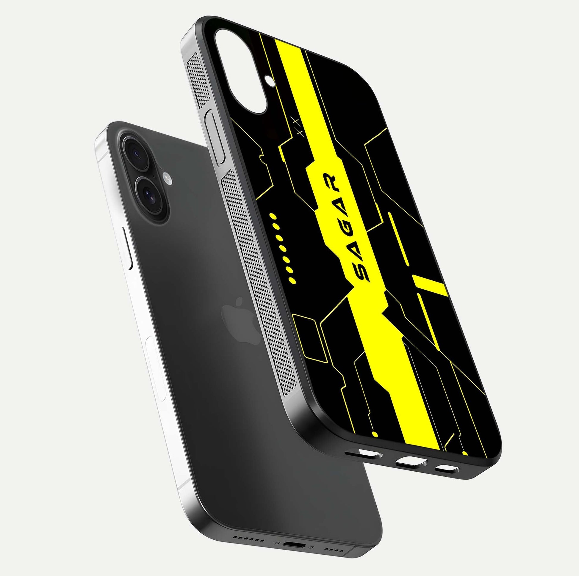 Neon CYBERPUNK Custom Name Glass Case for iPhone 16 Plus floating dual-view mockup showing HD shine and neon lines