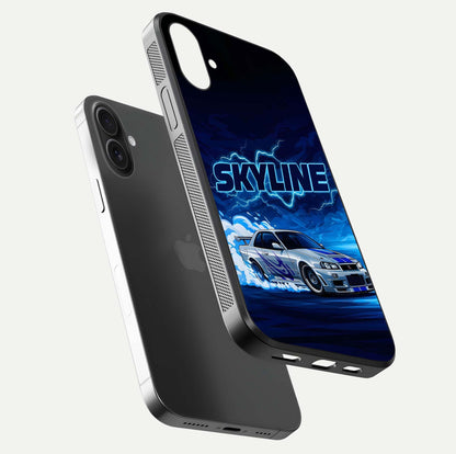 Neon Drift Beast Glass Case for iPhone 16 Plus floating dual-view mockup showing gloss texture and motion glow