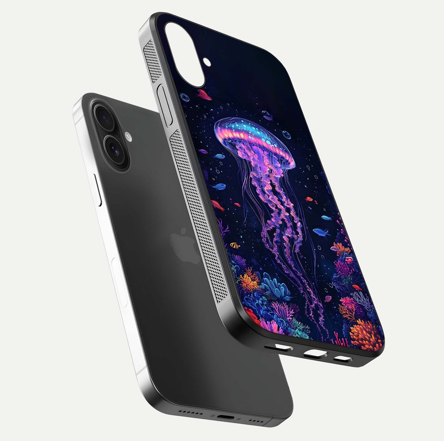Neon Jellyfish Glass Case for iPhone 16 Plus floating dual-view mockup showing gloss texture and underwater glow
