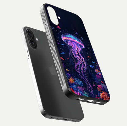 Neon Jellyfish Glass Case for iPhone 16 Plus floating dual-view mockup showing gloss texture and underwater glow