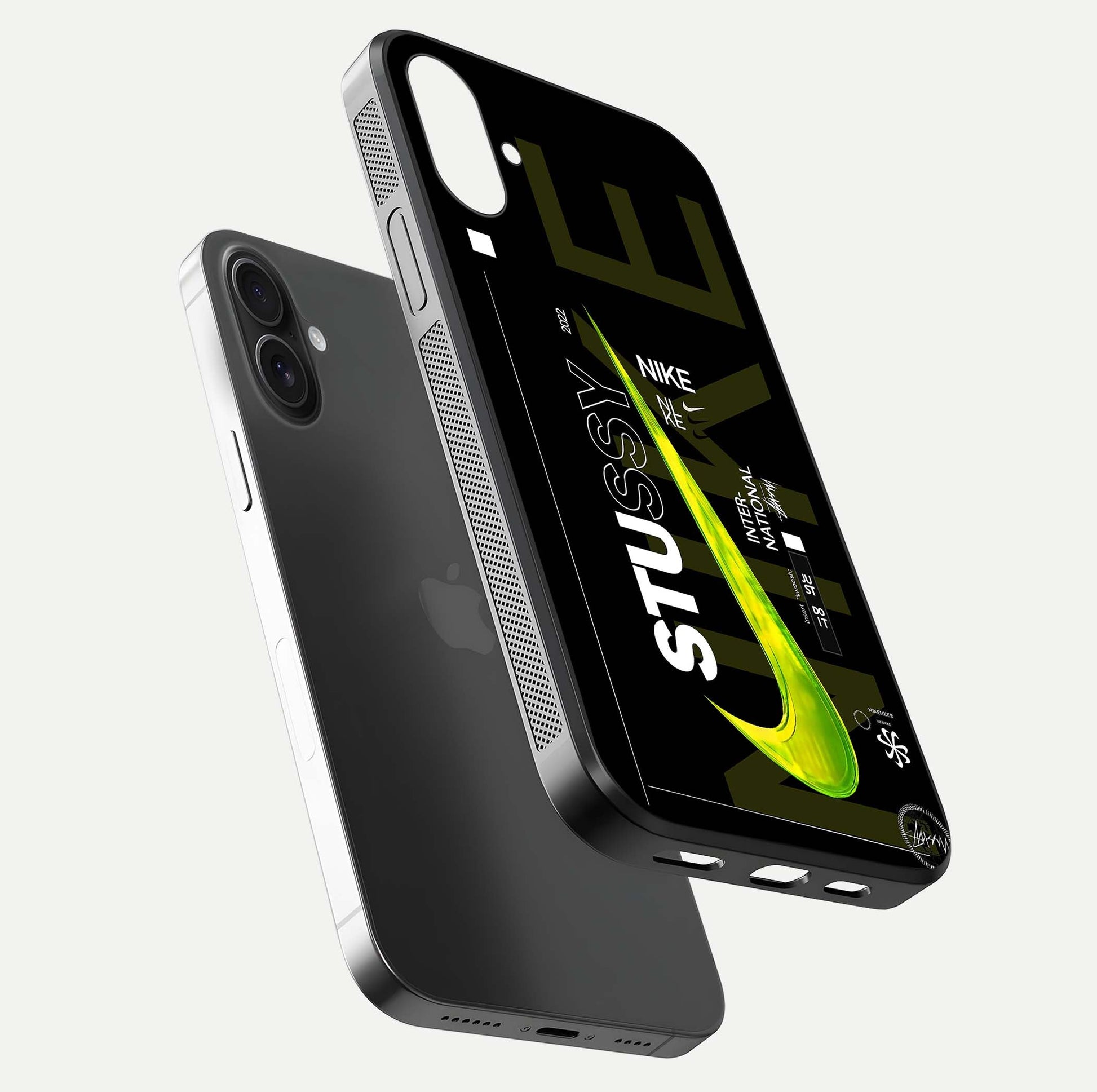 Neon Street Edition Glass Case for iPhone 16 Plus floating dual-view mockup showing HD gloss and neon glow
