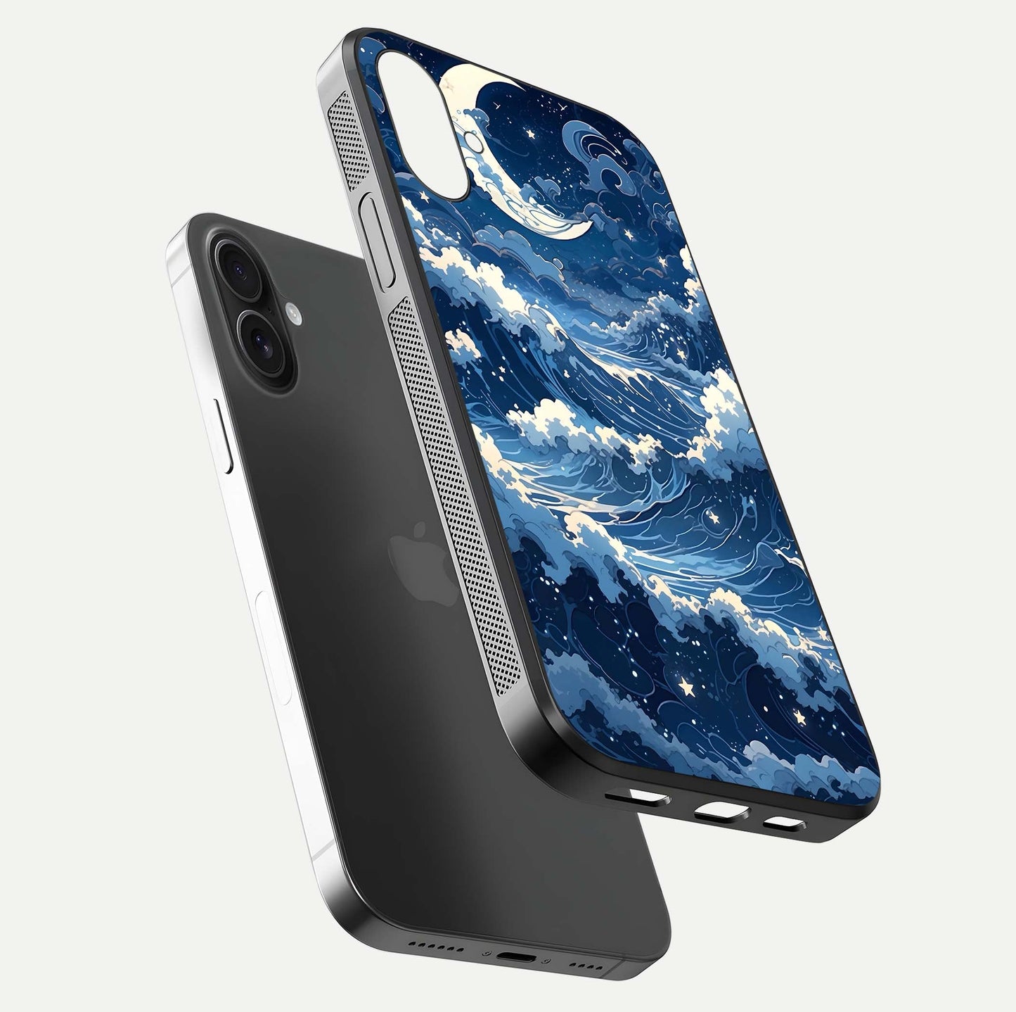 Ocean Moon Waves Glass Case for iPhone 16 Plus floating dual-view mockup showing gloss texture and moon glow