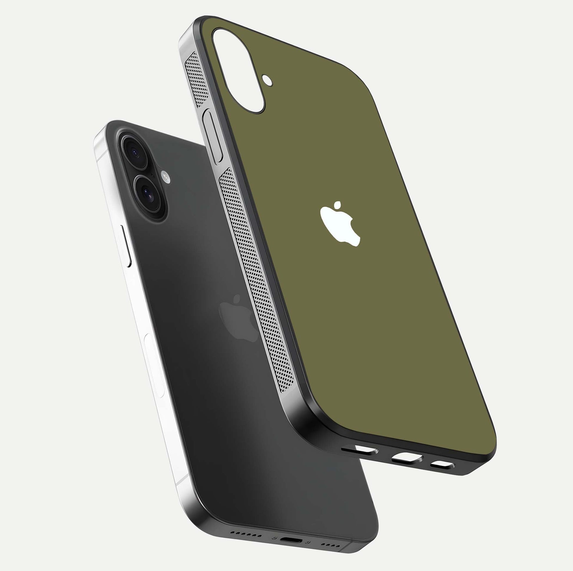 Olive Matte Essence Glass Case for iPhone 16 Plus floating dual-view mockup showing matte gloss and depth
