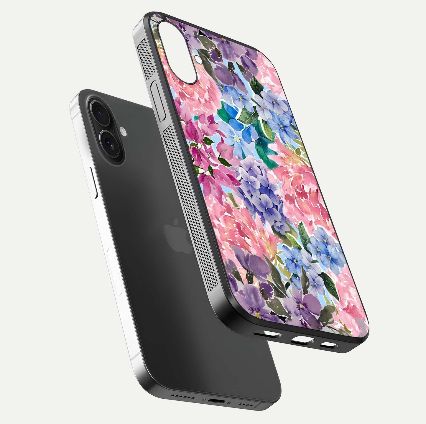Pastel Floral Mix Glass Case for iPhone 16 Plus floating dual-view mockup showing HD gloss and floral texture