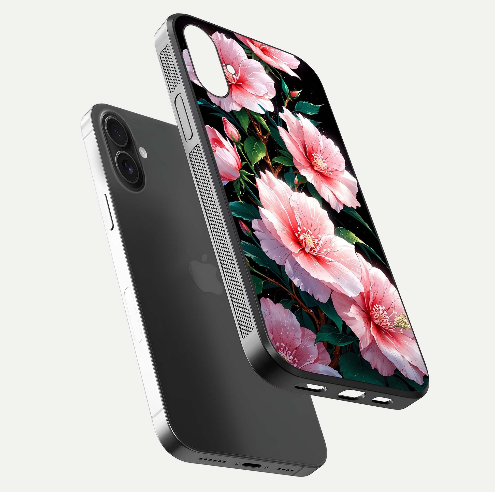 Peach Flower Glass Case for iPhone 16 Plus floating dual-view mockup displaying shine and delicate flower art