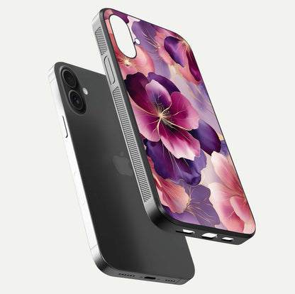 Pink Bouquet Florals Glass Case for iPhone 16 Plus floating dual-view mockup showing gloss surface and color depth