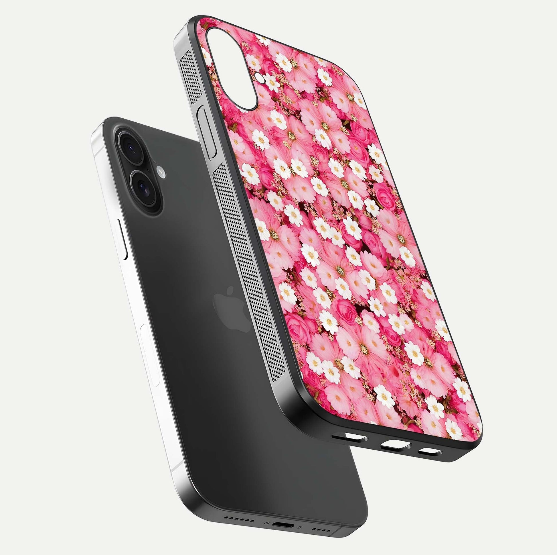 Pink Daisy Bliss Glass Case for iPhone 16 Plus floating dual-view mockup displaying gloss shine and pastel tones