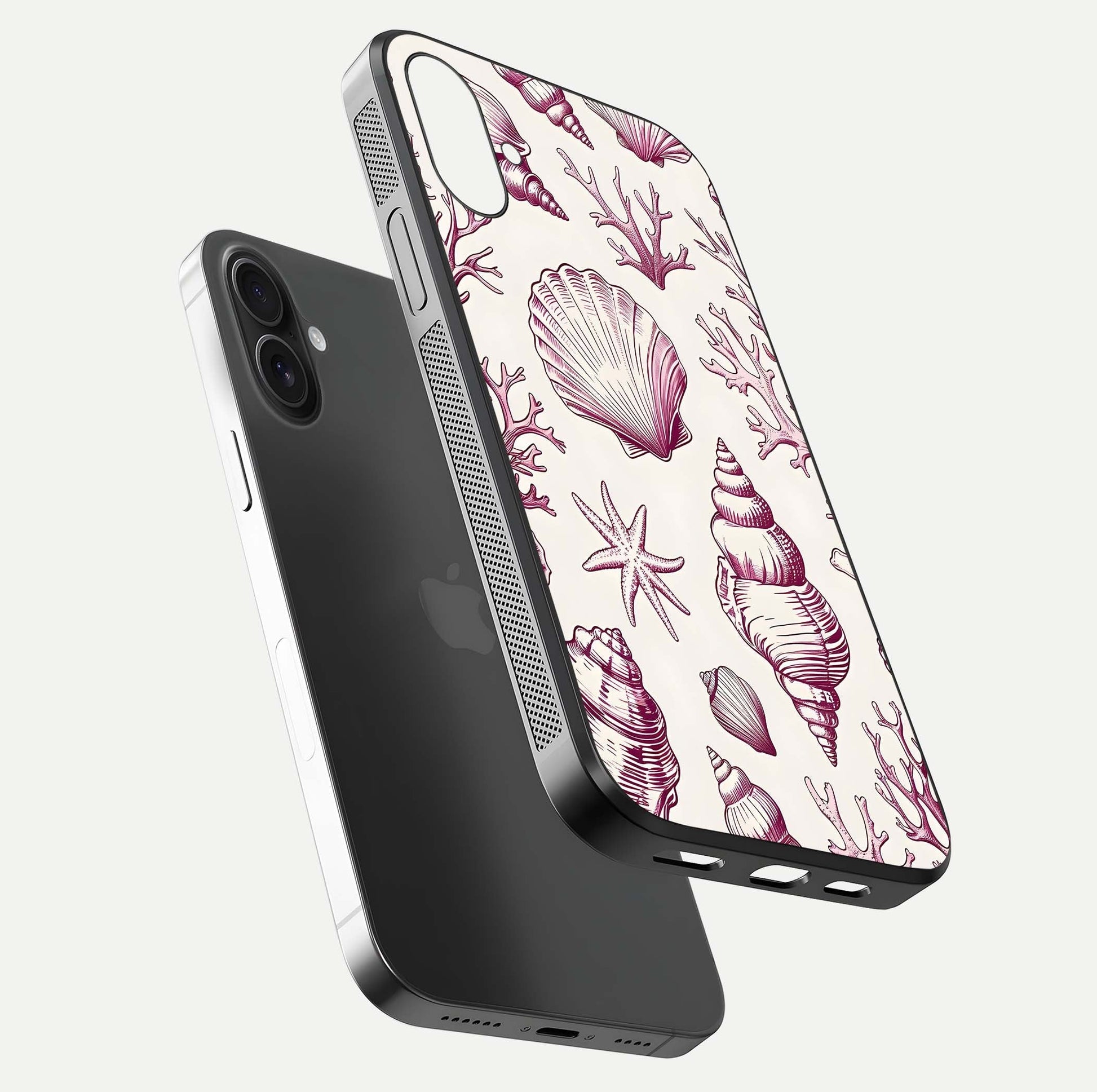 Pink Shells Outline Glass Case for iPhone 16 Plus floating dual-view mockup displaying gloss and ocean vibe