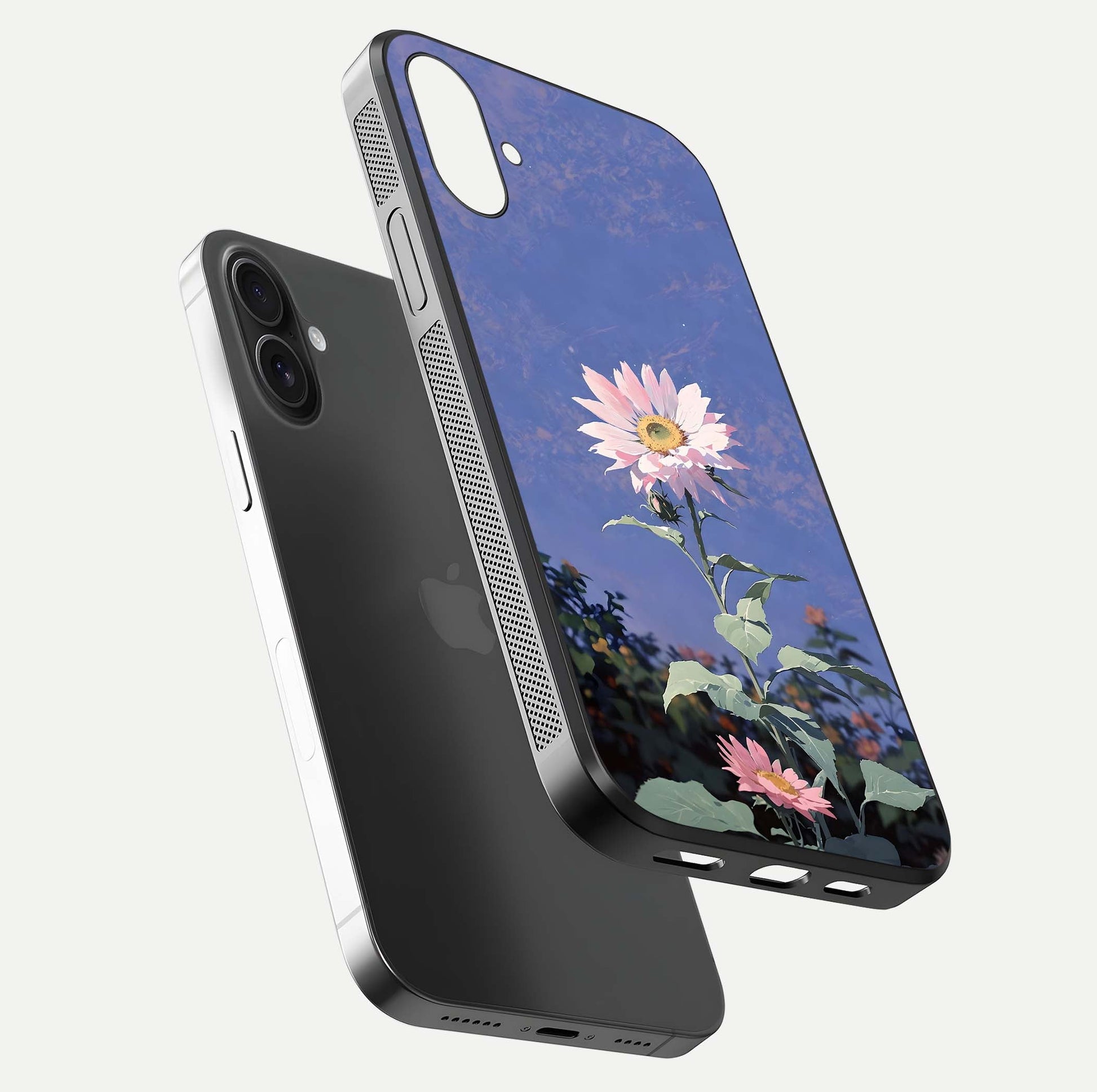 Pink Sunflower Glow Glass Case for iPhone 16 Plus floating dual-view mockup showing gloss reflection and design depth