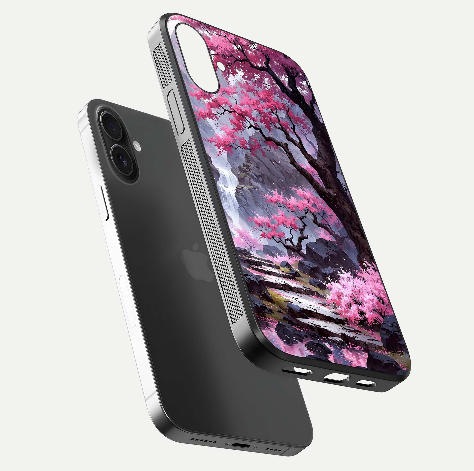 Pinkish Scenery Glass Case for iPhone 16 Plus floating dual-view mockup displaying gloss shine and artistic tone