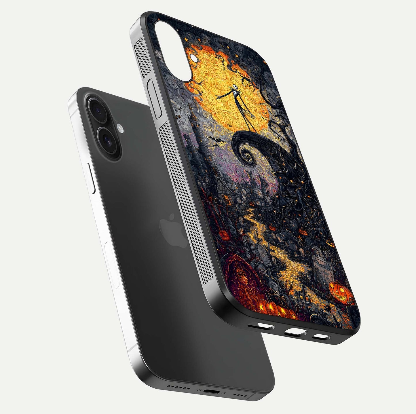 Pumpkin Moon Night Glass Case for iPhone 16 Plus floating dual-view mockup showing HD gloss and spooky detail