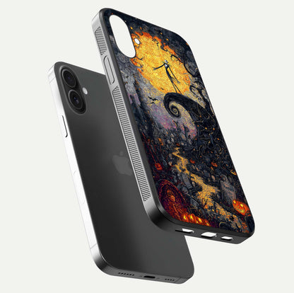 Pumpkin Moon Night Glass Case for iPhone 16 Plus floating dual-view mockup showing HD gloss and spooky detail