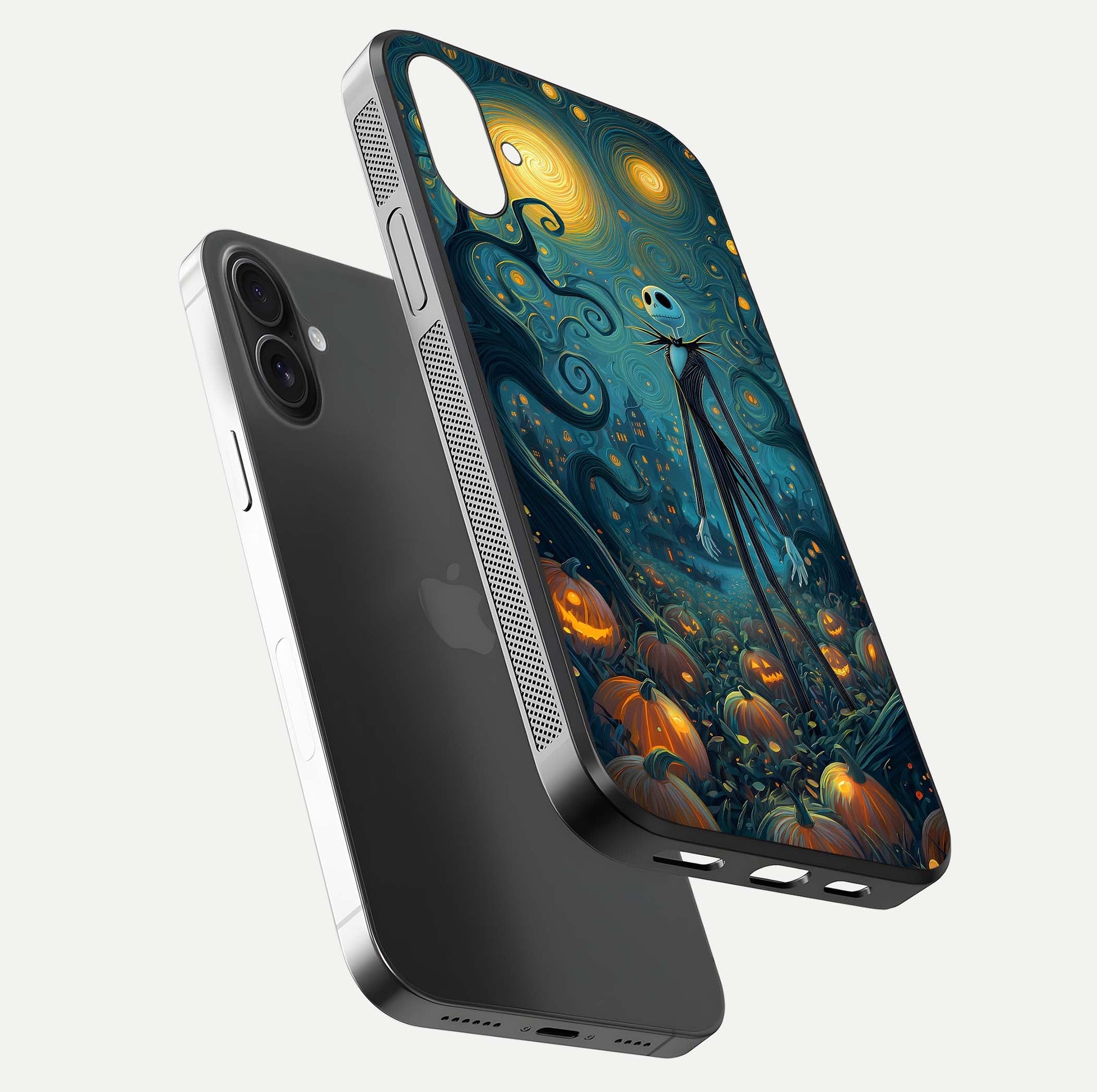 Pumpkin Moonlight Tale Glass Case for iPhone 16 Plus floating dual-view mockup showing HD gloss and eerie design