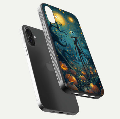 Pumpkin Moonlight Tale Glass Case for iPhone 16 Plus floating dual-view mockup showing HD gloss and eerie design