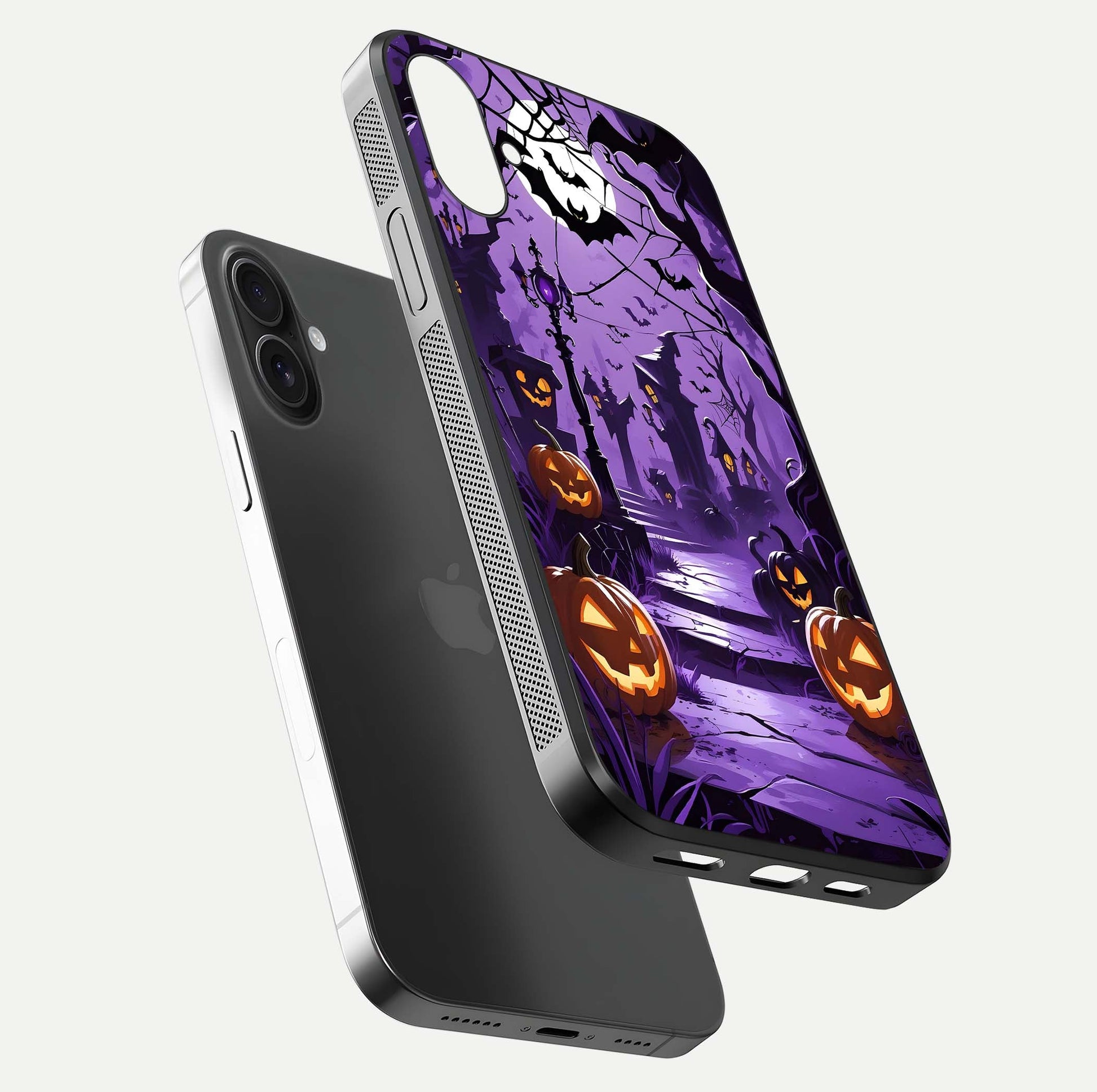Pumpkin Patch Halloween Glass Case for iPhone 16 Plus floating dual-view mockup displaying gloss and dark tone