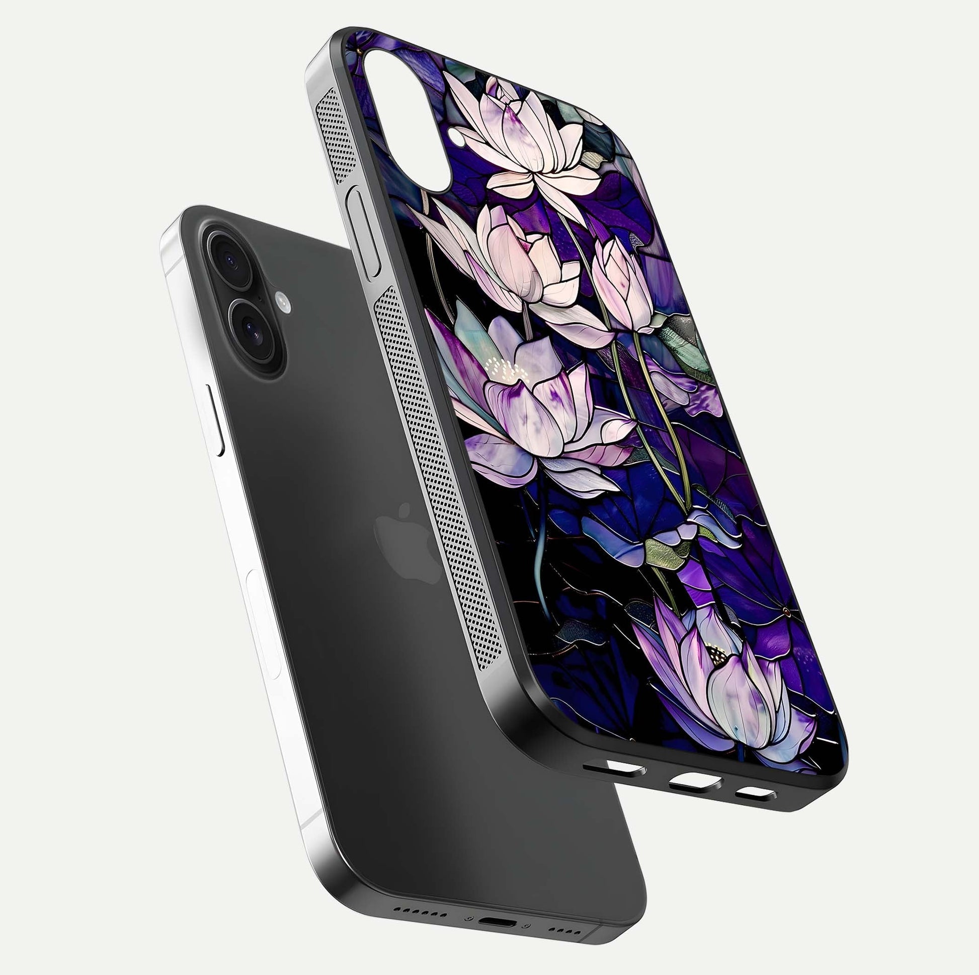 Purple Lotus Pattern Glass Case for iPhone 16 Plus floating dual-view mockup showing glass shine and vivid purple hue