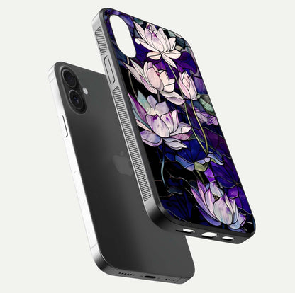 Purple Lotus Pattern Glass Case for iPhone 16 Plus floating dual-view mockup showing glass shine and vivid purple hue