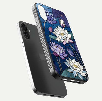 Purple Lotus Stained Glass Case for iPhone 16 Plus floating dual-view mockup displaying color depth and glass clarity