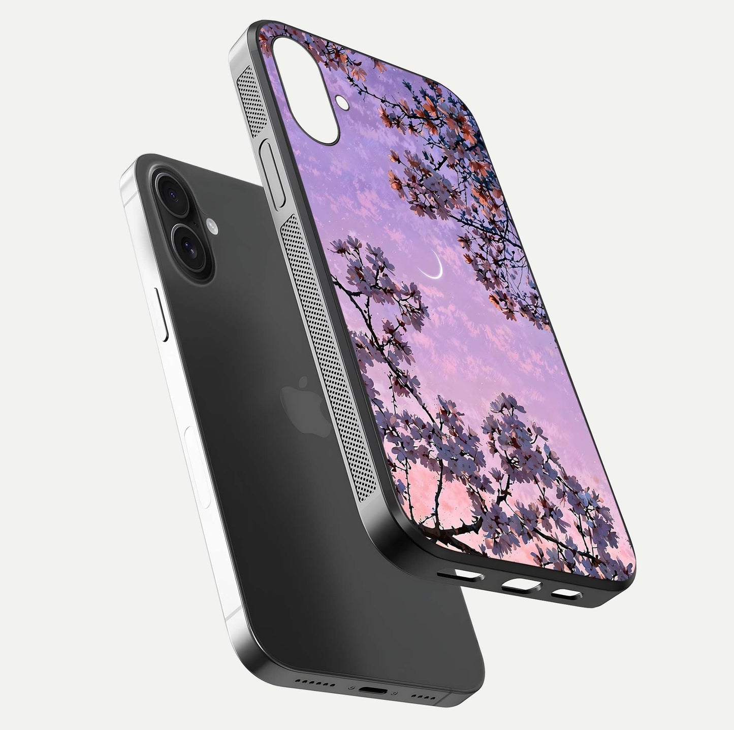 Purple Serenity Moon Glass Case for iPhone 16 Plus floating dual-view mockup showing gloss and cosmic detail