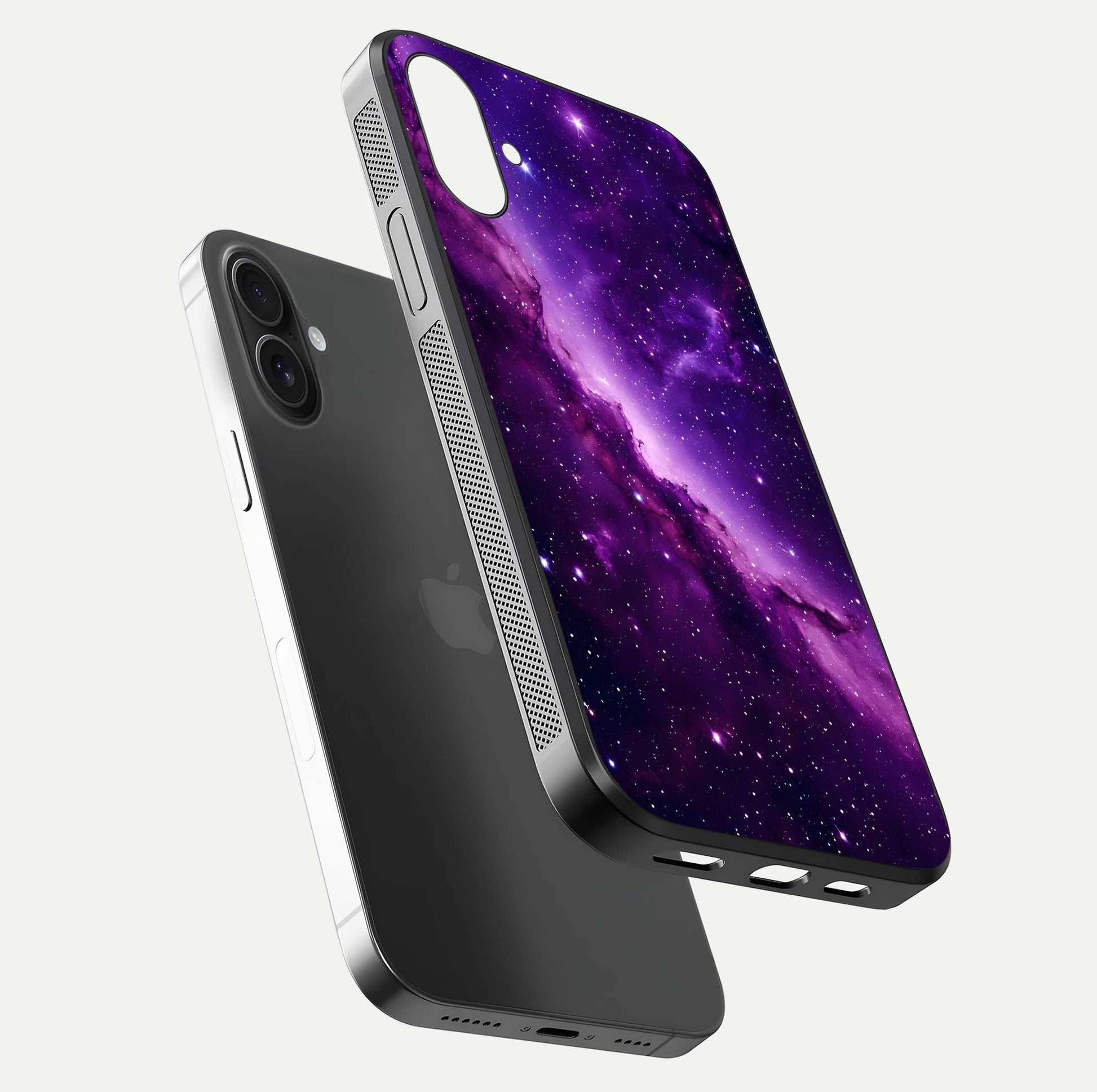 Purple Shade Sky Glass Case for iPhone 16 Plus floating dual-view mockup displaying gloss and sky theme