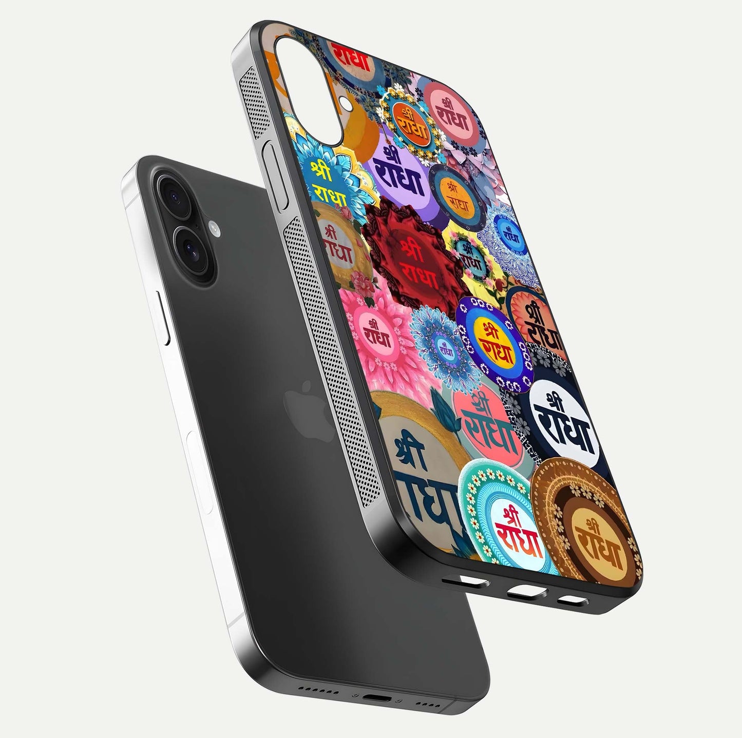 Radha Divine Bloom Glass Case for iPhone 16 Plus floating dual-view mockup showing gloss depth and HD art