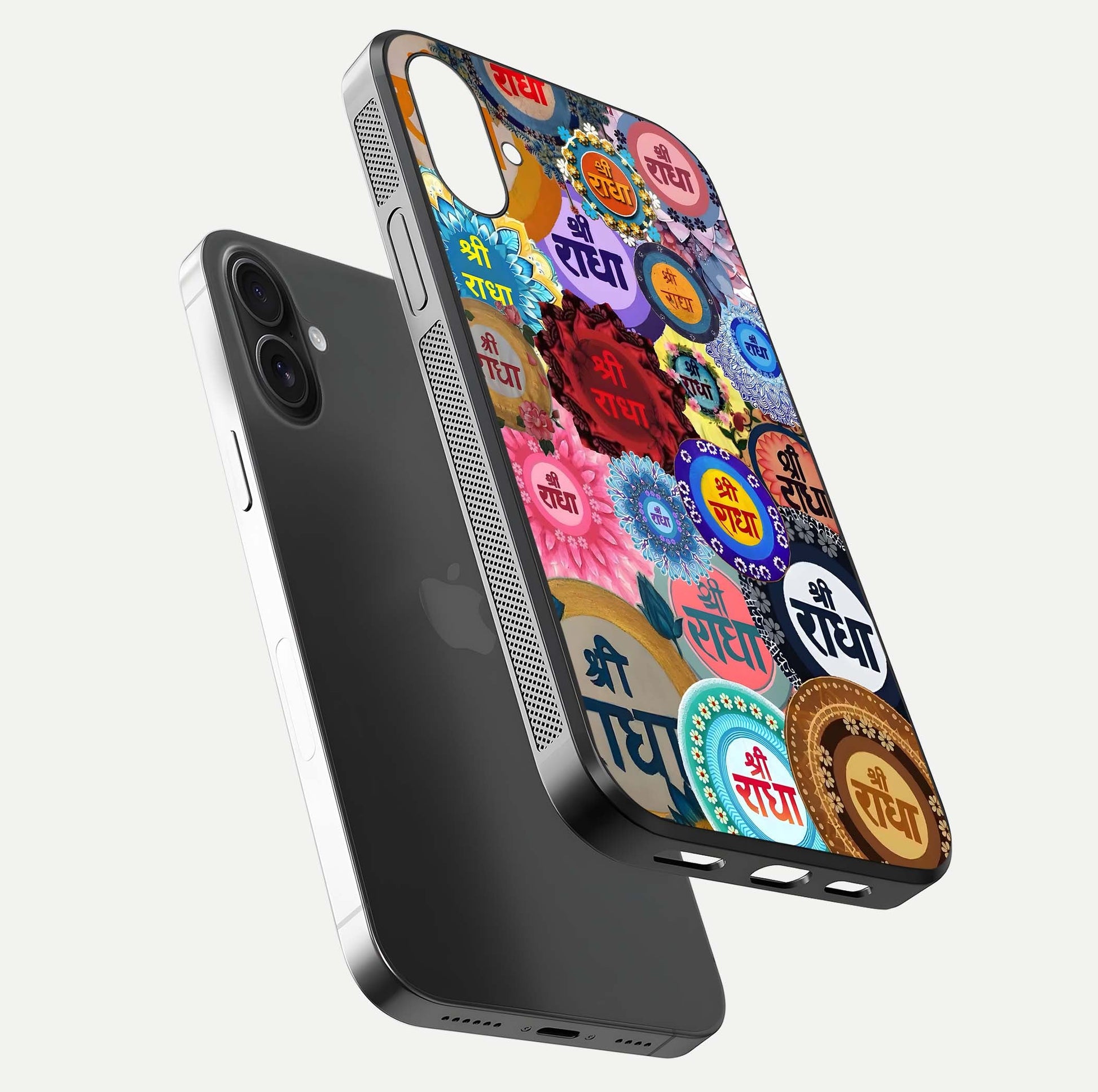 Radha Divine Bloom Glass Case for iPhone 16 Plus floating dual-view mockup showing gloss depth and HD art