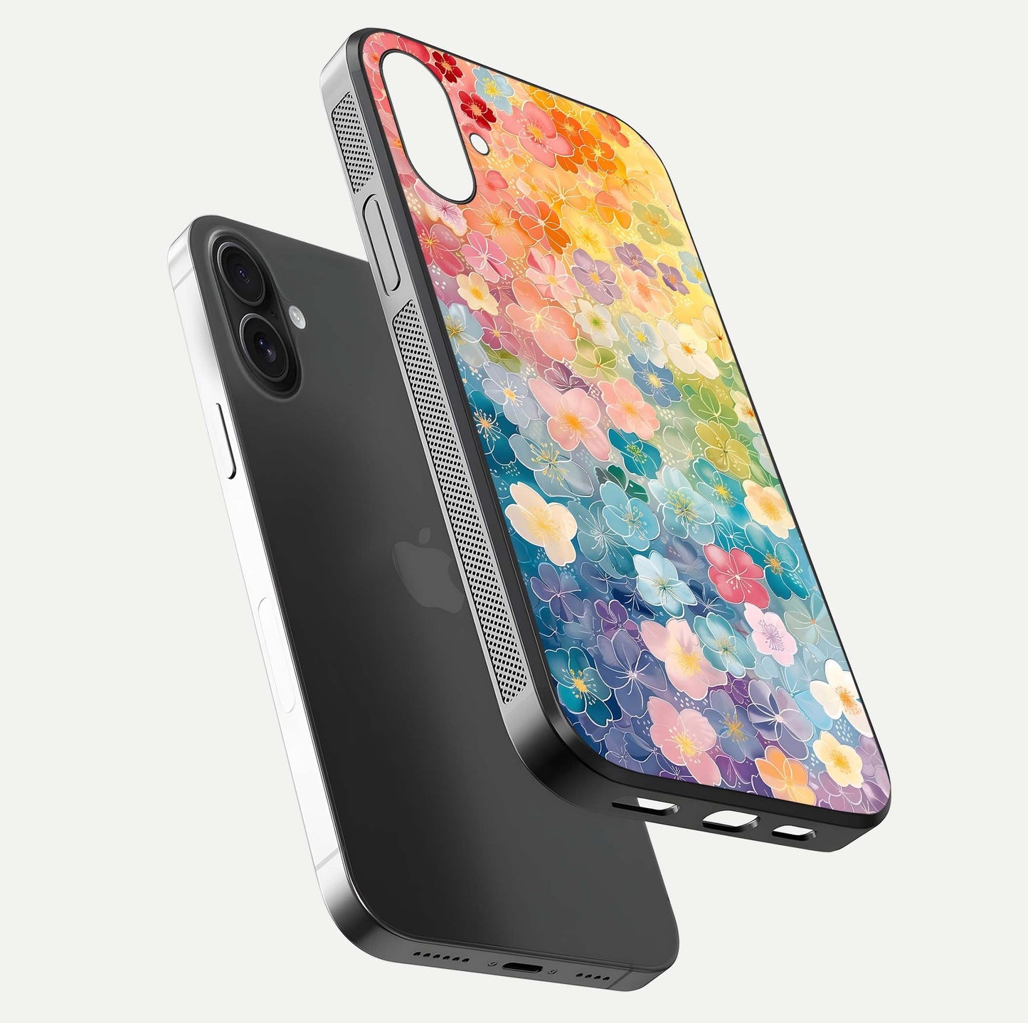 Rainbow Blossom Burst Glass Case for iPhone 16 Plus floating dual-view mockup displaying gloss and gradient pattern