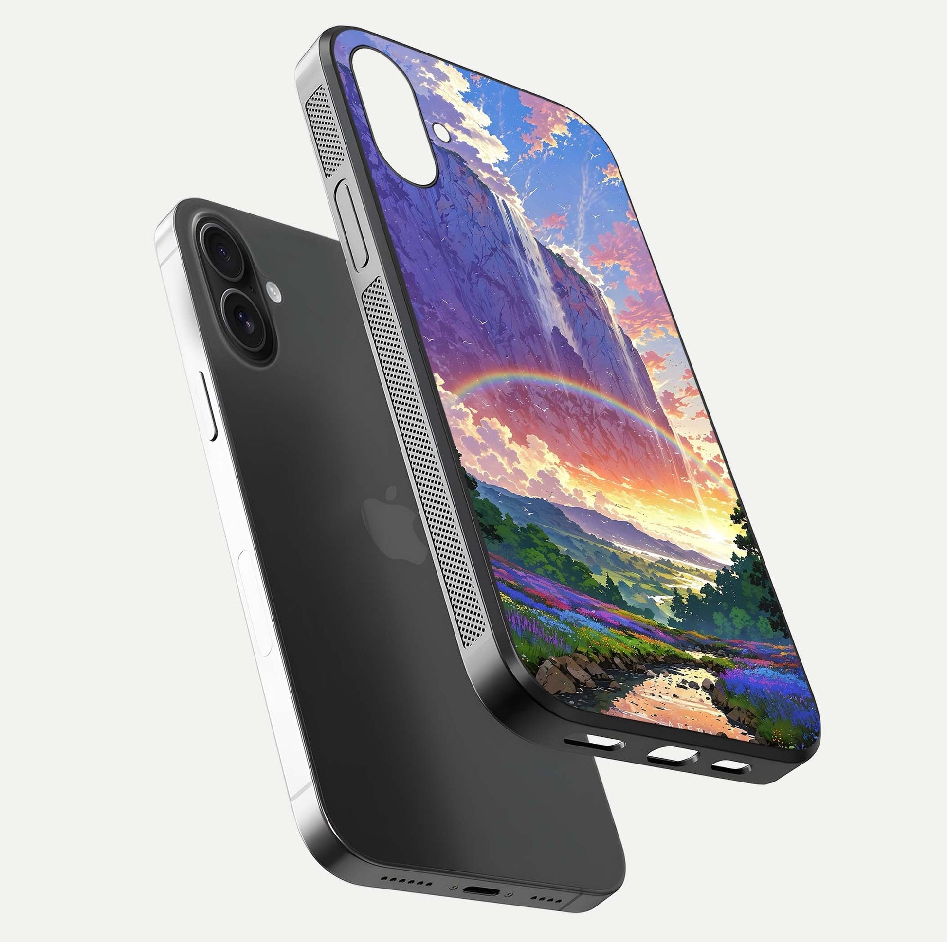 Rainbow Valley Dream Glass Case for iPhone 16 Plus floating dual-view mockup showing gloss texture and dream vibe