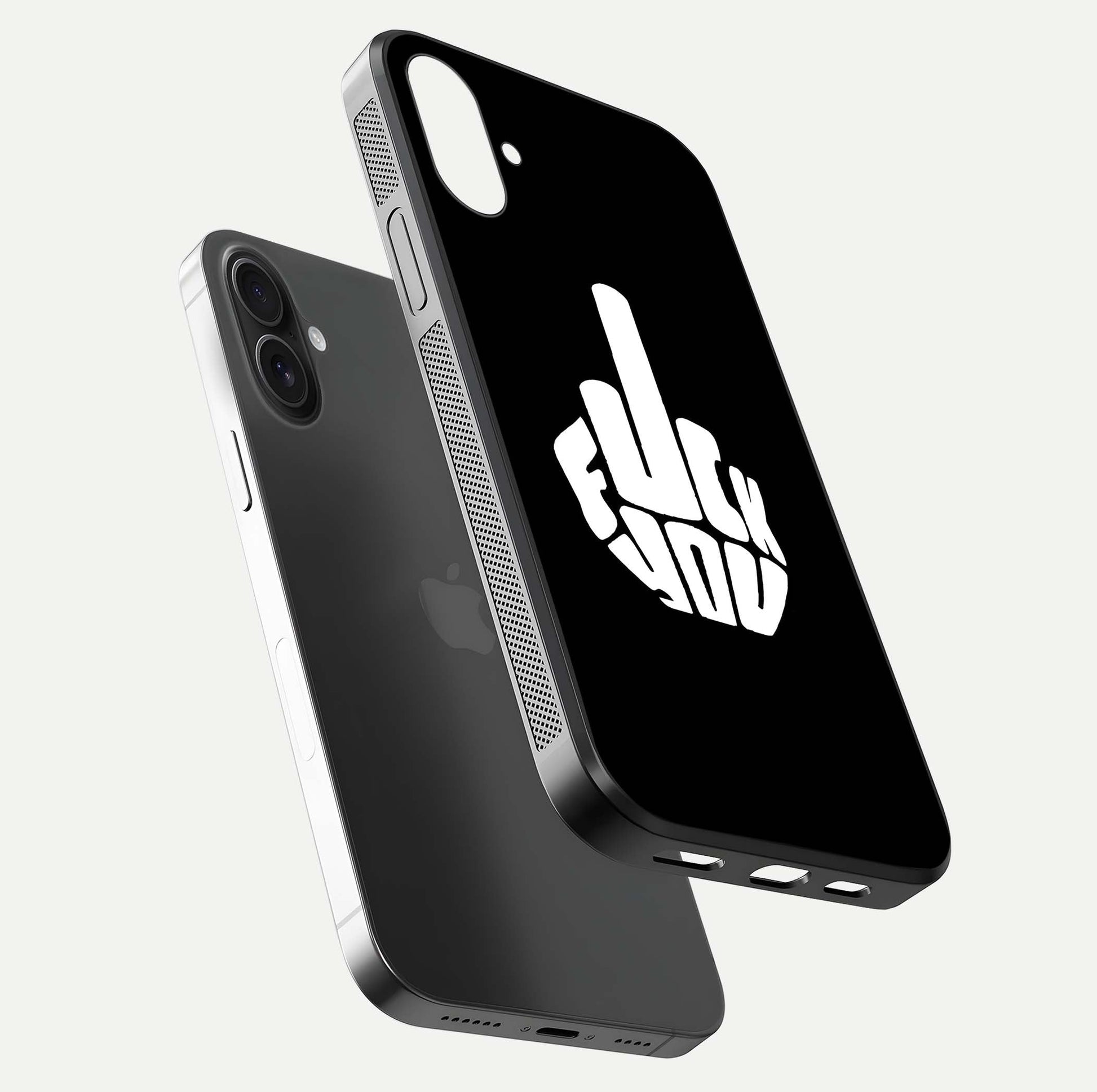 Rebel Mode On Glass Case for iPhone 16 Plus floating dual-view mockup displaying gloss shine and statement art