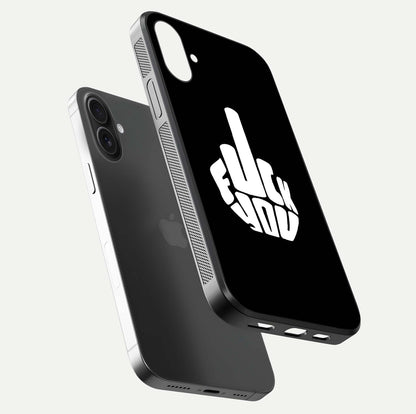 Rebel Mode On Glass Case for iPhone 16 Plus floating dual-view mockup displaying gloss shine and statement art