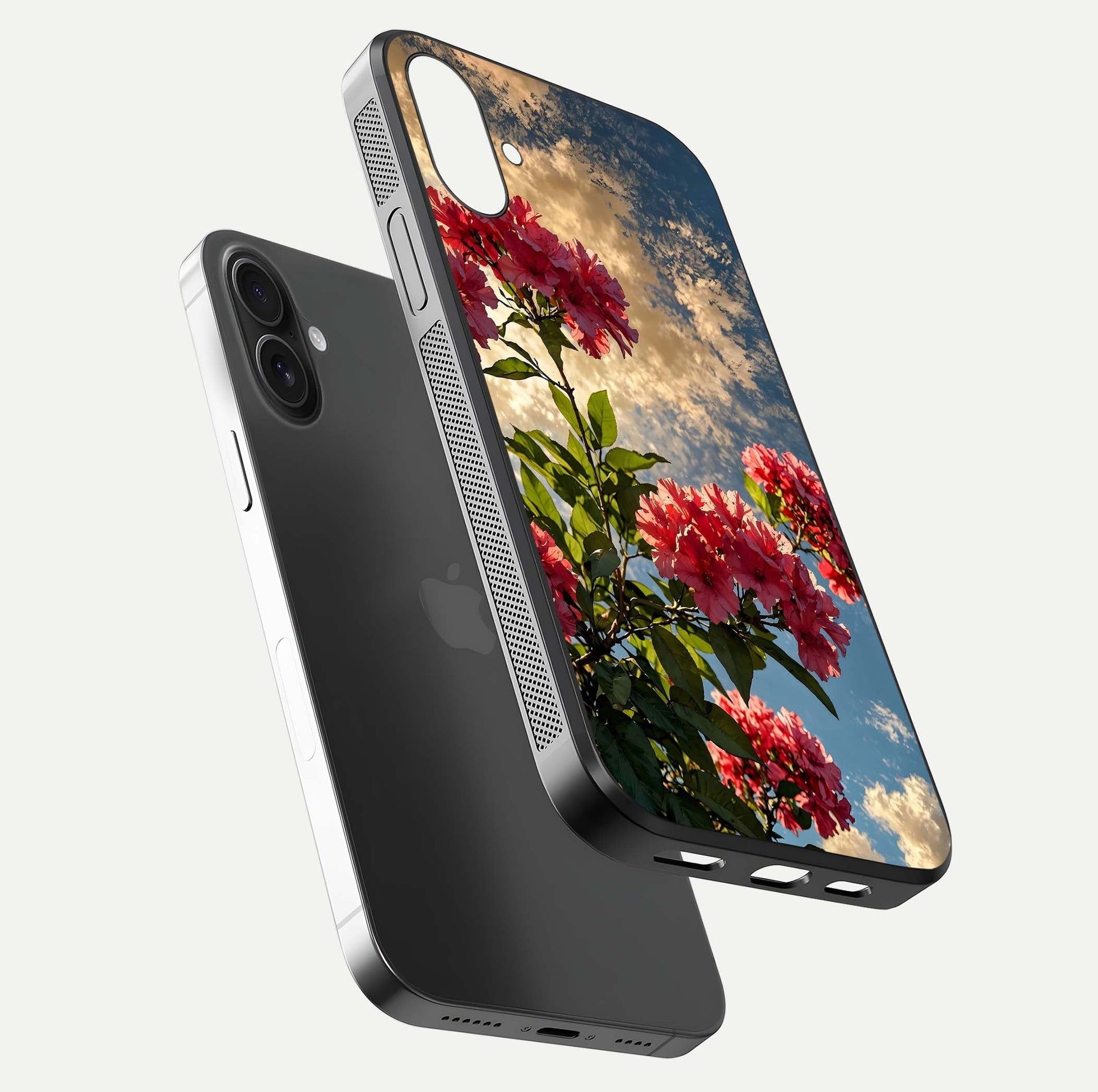 Red Bloom Skies Glass Case for iPhone 16 Plus floating dual-view mockup showing glass gloss and floral pattern
