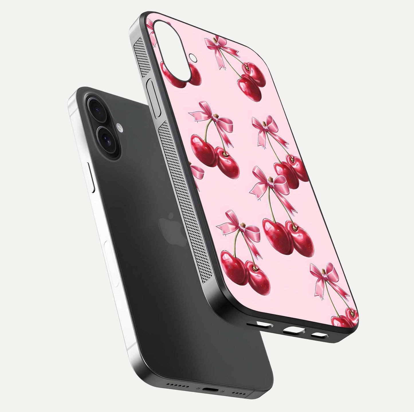Red Cherries Pattern Glass Case for iPhone 16 Plus floating dual-view mockup showing gloss and color contrast
