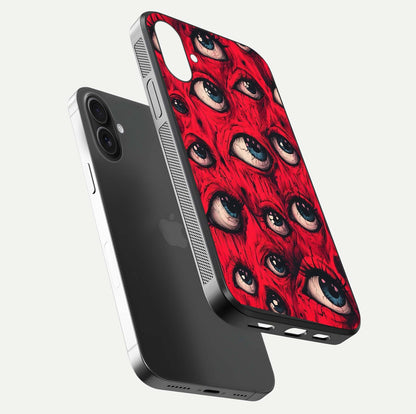 Red Eyes Pattern Glass Case for iPhone 16 Plus floating dual-view mockup displaying reflection and gloss texture