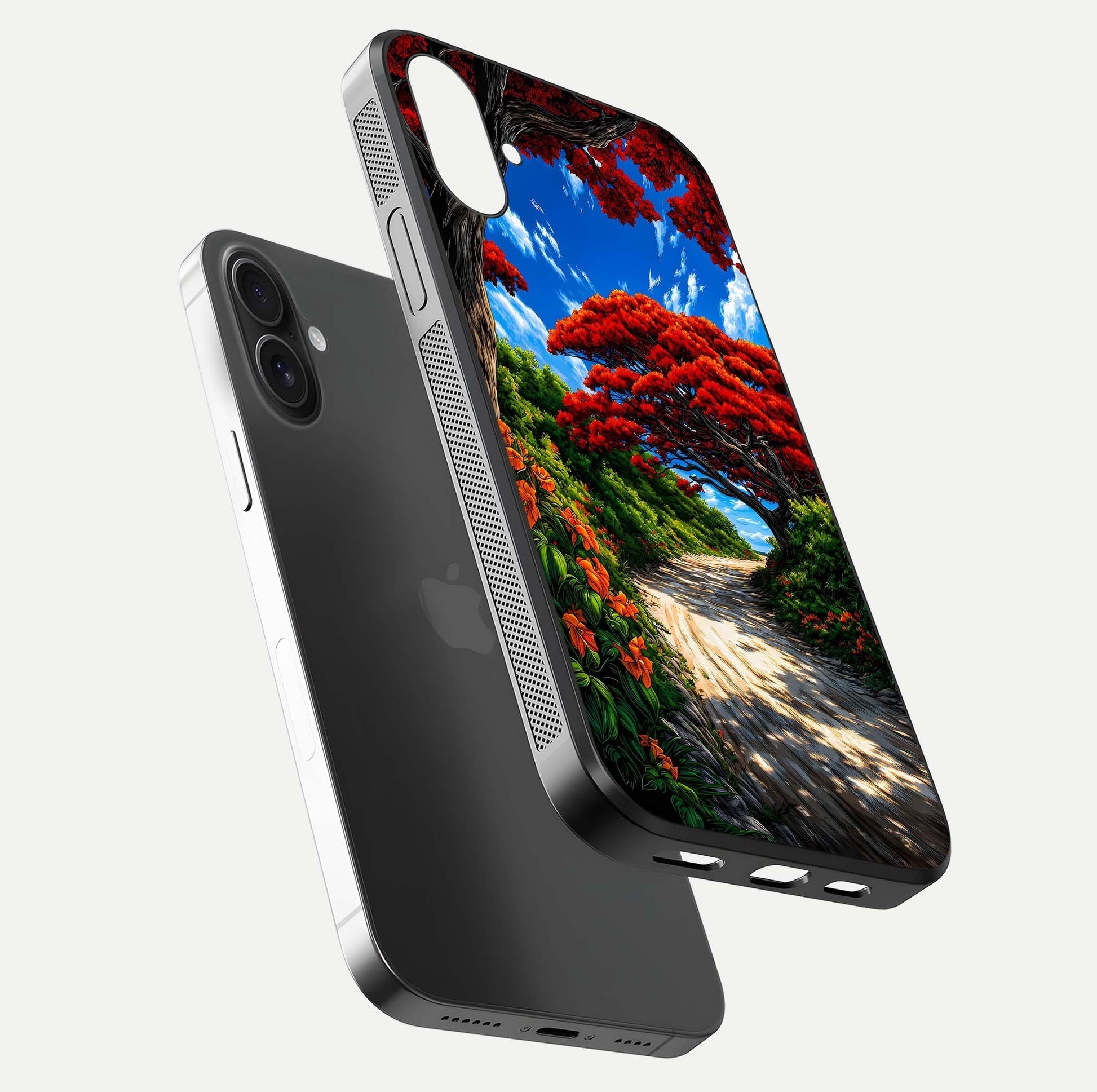 Red Trees Pathway Glass Case for iPhone 16 Plus floating dual-view mockup displaying gloss texture and print depth