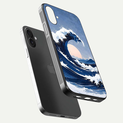 Rising Tide Power Glass Case for iPhone 16 Plus floating dual-view mockup displaying gloss texture and flow pattern