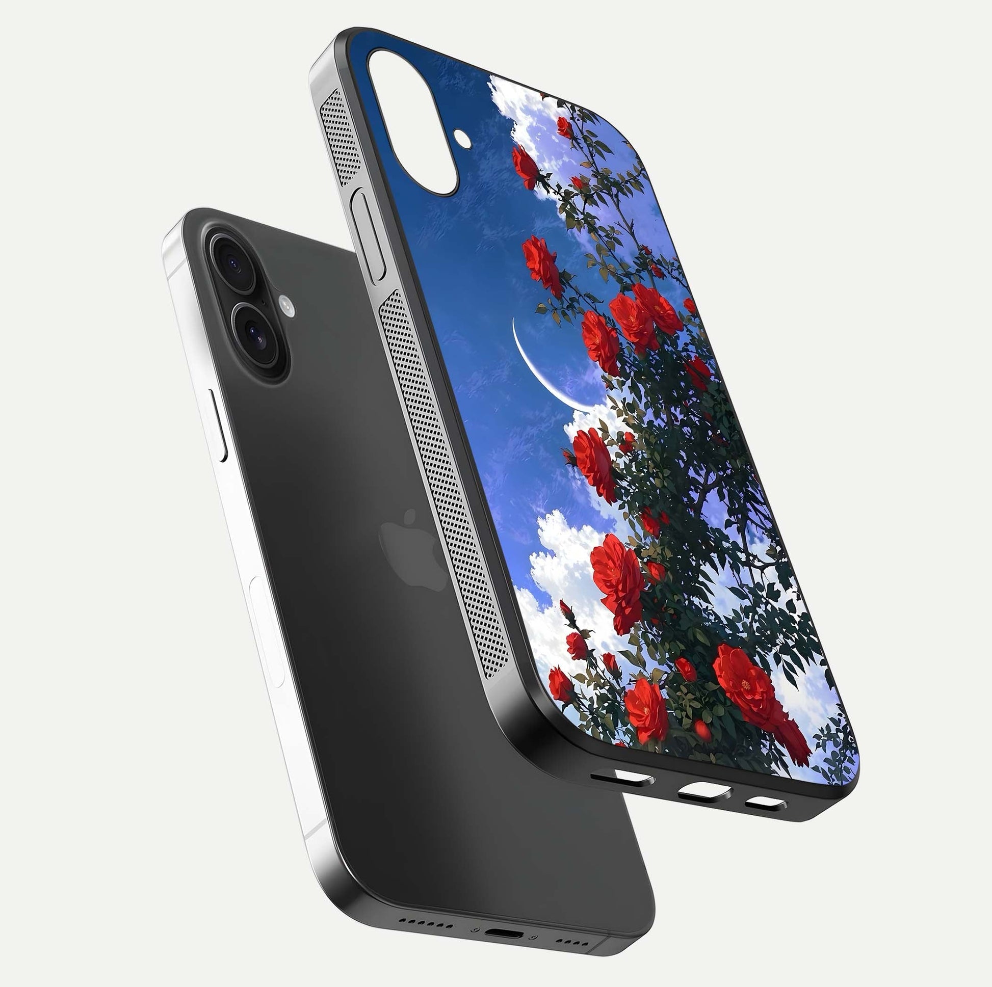 Rose Drift Flowers Glass Case for iPhone 16 Plus floating dual-view mockup showing gloss shine and floral tone