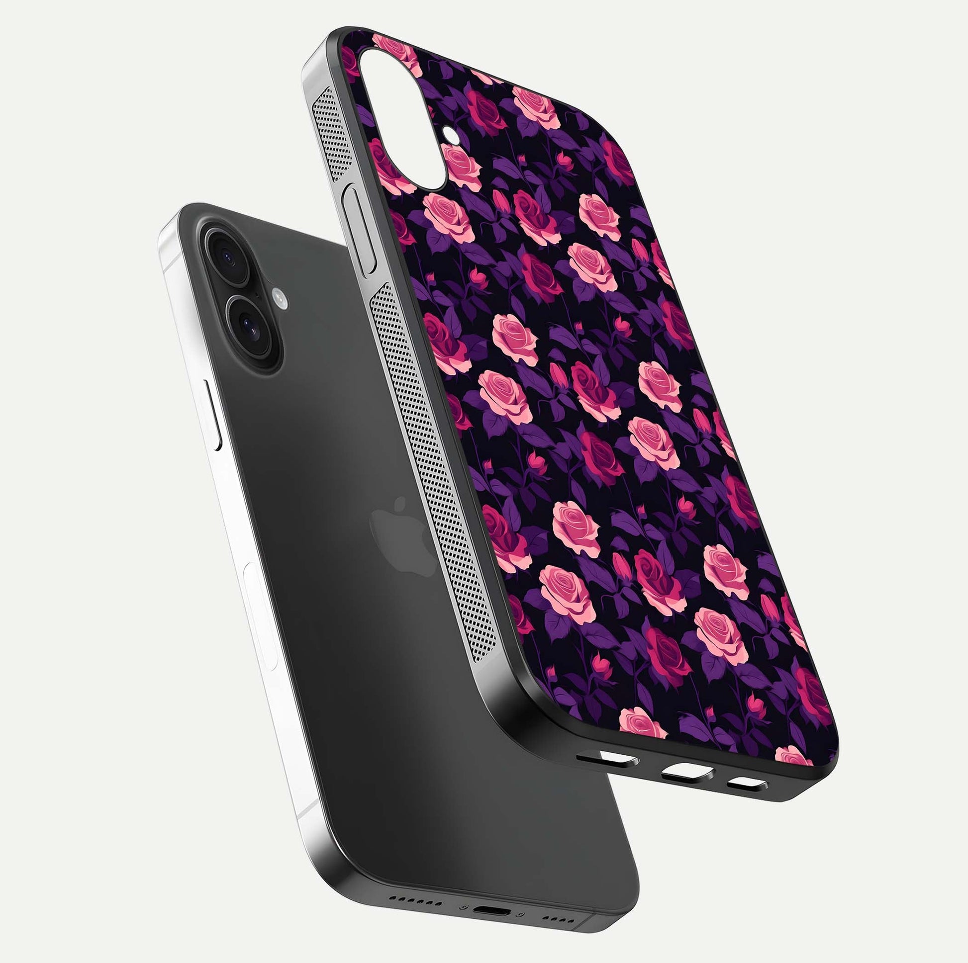 Rose Garden Twilight Glass Case for iPhone 16 Plus floating dual-view mockup displaying gloss surface and depth