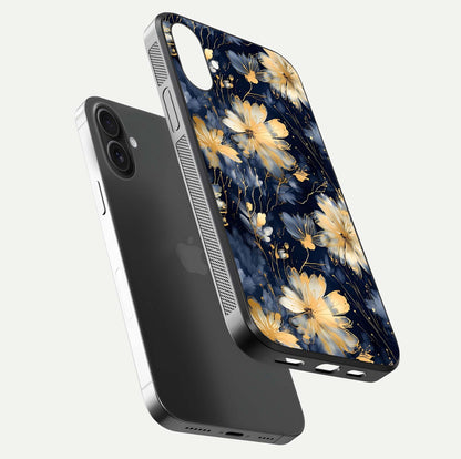 Royal Petal Dream Glass Case for iPhone 16 Plus floating dual-view mockup displaying gloss reflection and tone contrast