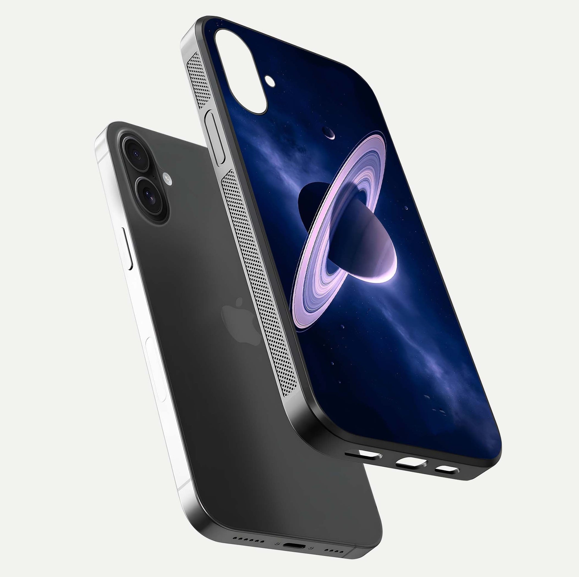 Saturn Ring Mystique Glass Case for iPhone 16 Plus floating dual-view mockup showing gloss finish and star detail