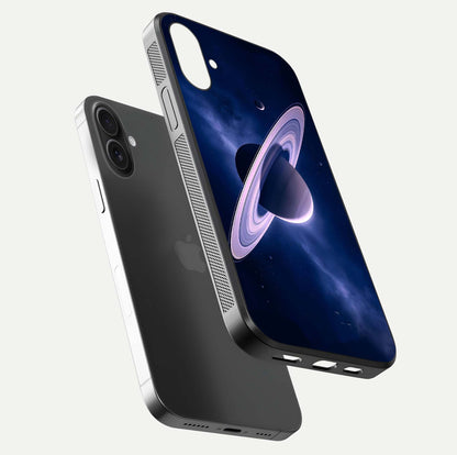 Saturn Ring Mystique Glass Case for iPhone 16 Plus floating dual-view mockup showing gloss finish and star detail