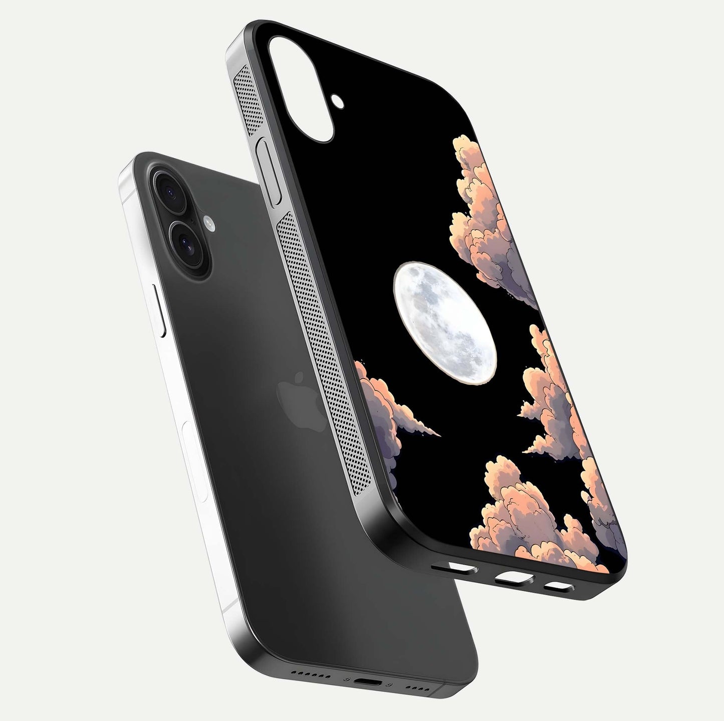 Shade Cloud Moon Glass Case for iPhone 16 Plus floating dual-view mockup showing gloss and celestial texture