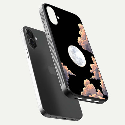 Shade Cloud Moon Glass Case for iPhone 16 Plus floating dual-view mockup showing gloss and celestial texture