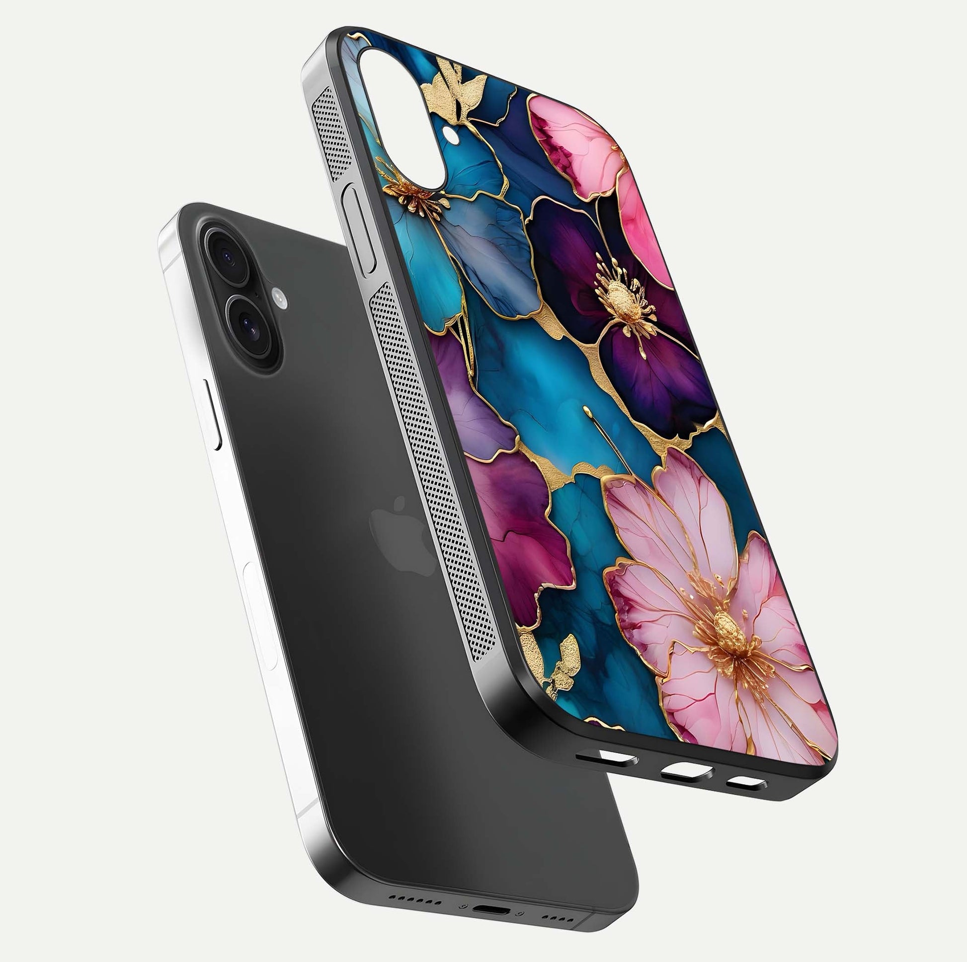 Sparkle Floral Glass Case for iPhone 16 Plus floating dual-view mockup displaying gloss surface and sparkle effect