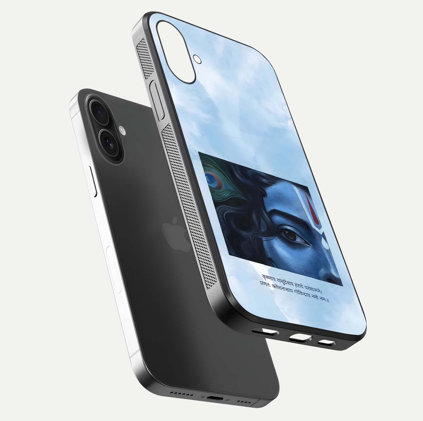 Spiritual Krishna Glass Case for iPhone 16 Plus floating dual-view mockup displaying gloss shine and divine detail
