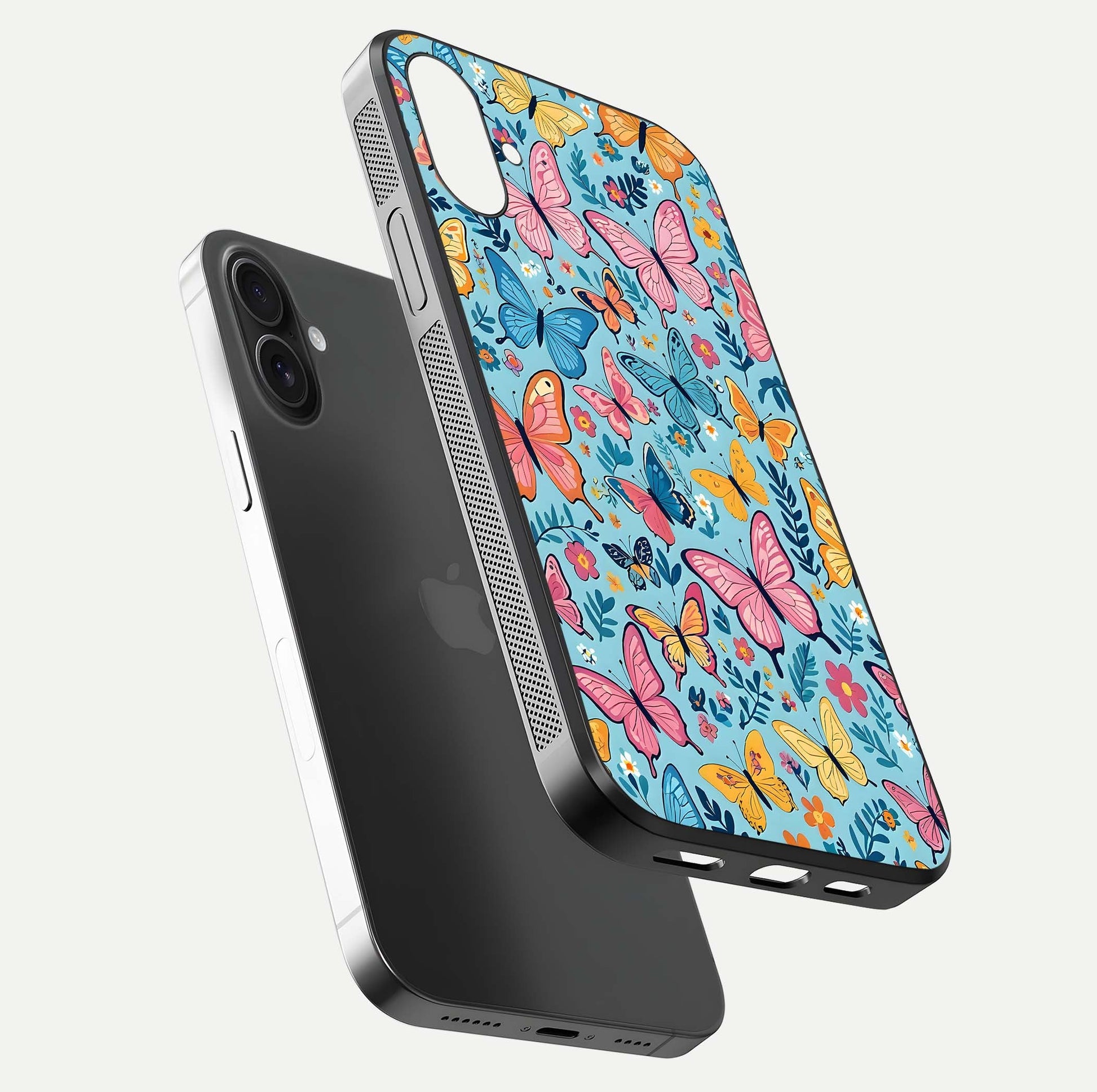 Spring Wing Garden Glass Case for iPhone 16 Plus floating dual-view mockup showing gloss texture and vivid print