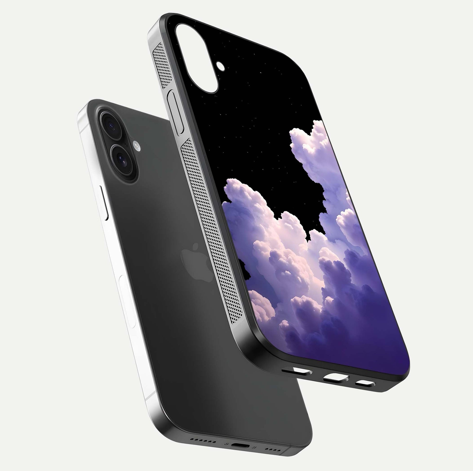 Starlit Night Whispers Glass Case for iPhone 16 Plus floating dual-view mockup displaying gloss surface and depth