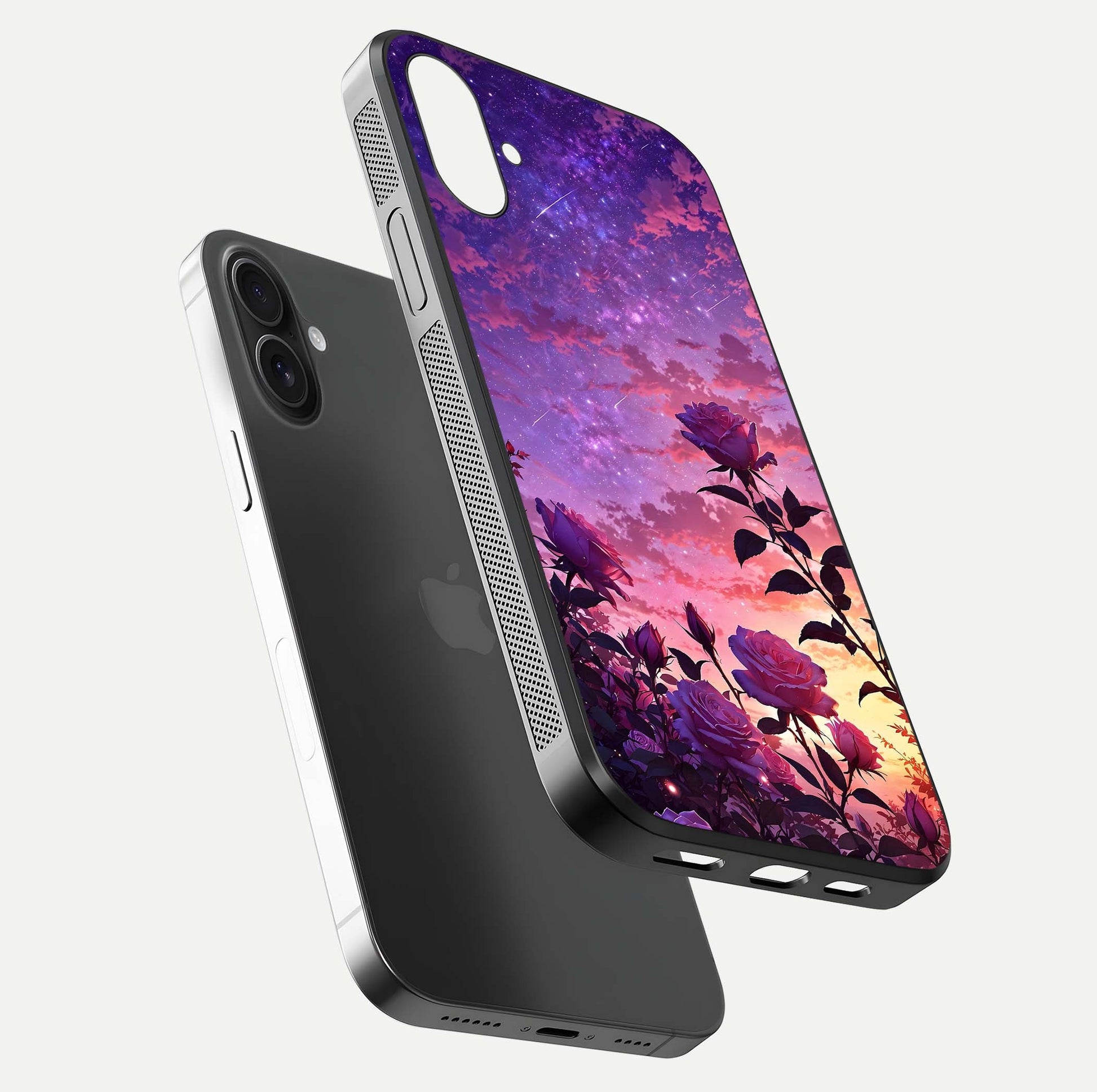 Starlit Rose Twilight Glass Case for iPhone 16 Plus floating dual-view mockup displaying gloss shine and depth