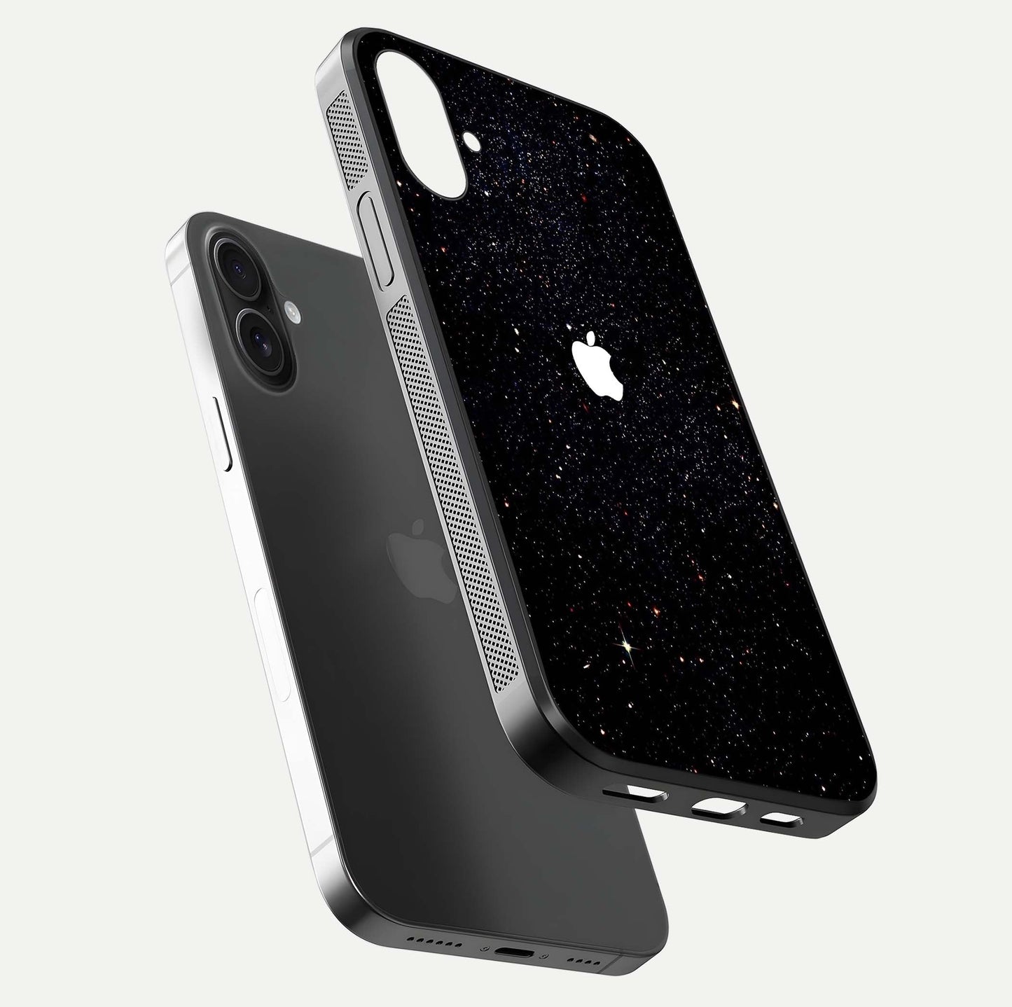 Starry Apple Galaxy Glass Case for iPhone 16 Plus floating dual-view mockup displaying reflection and shine