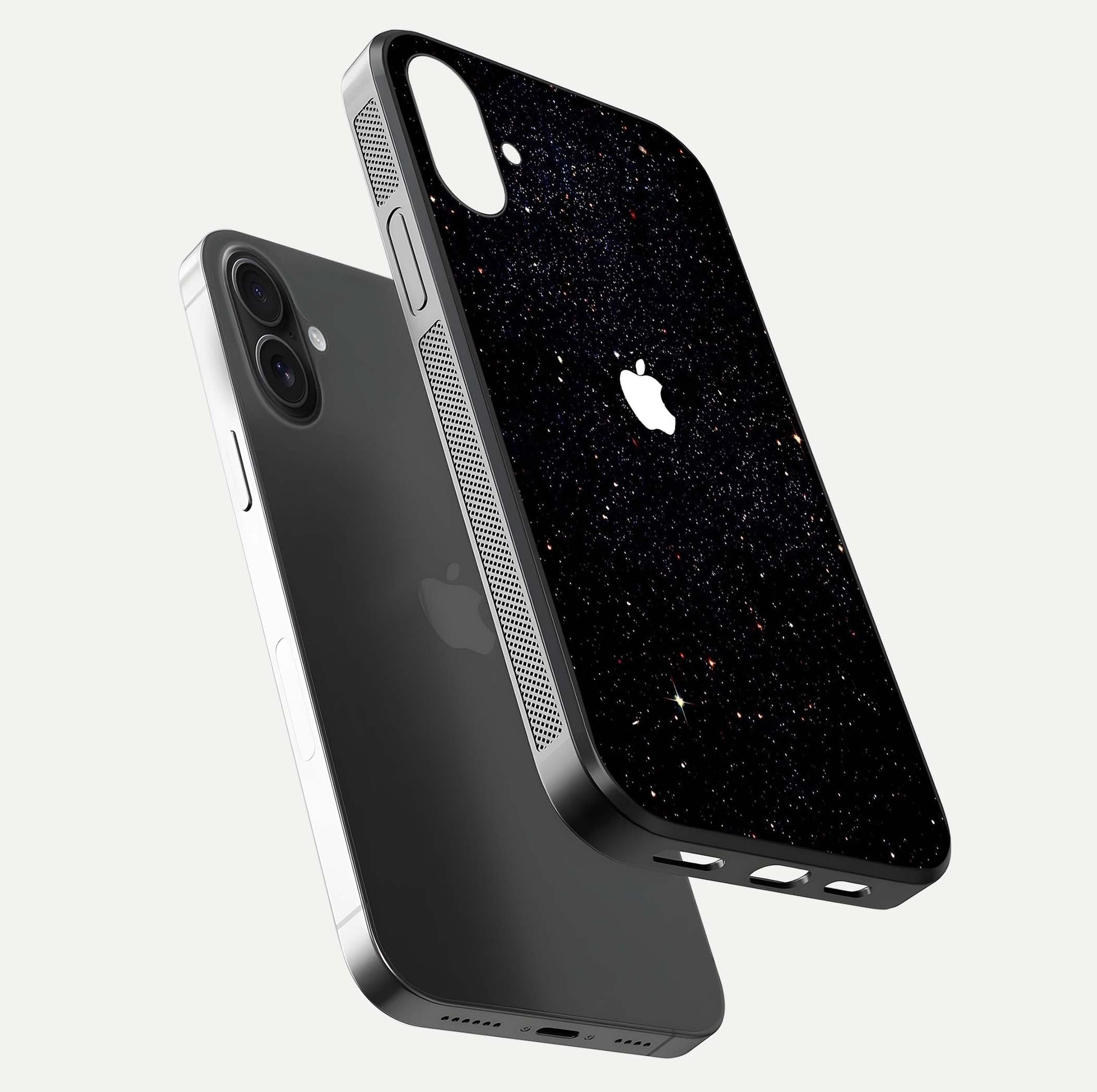 Starry Apple Galaxy Glass Case for iPhone 16 Plus floating dual-view mockup displaying reflection and shine