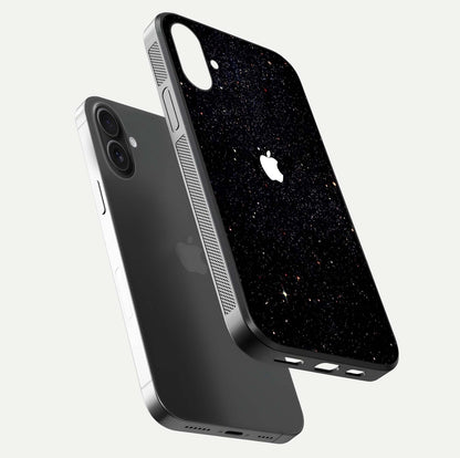 Starry Apple Galaxy Glass Case for iPhone 16 Plus floating dual-view mockup displaying reflection and shine